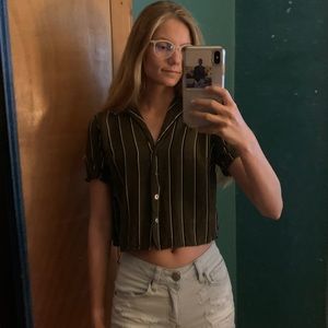 Striped green and back button down